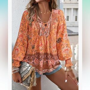 Floral Smocked Casual Holiday Beach Babydoll Long Sleeve Blouse L